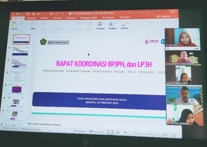 RAPAT KOORDINASI BPJPH DAN LP3H SELURUH INDONESIA SECARA DARING UNTUK PERCEPATAN PENDAFTARAN SERTIFIKAT HALAL SELF DECLARE 2024 (29 Februari 2024)